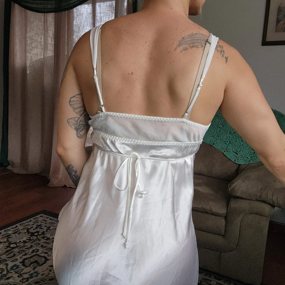 Vintage Feminine White Satin Beaded Midi Slip Dress Size Medium - Picture 4 of 6